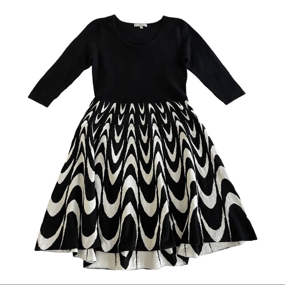 Sandra Darren Black‎ White Wavy Pattern Fit & Flare A-Line Knit Sweater Dress L - Picture 2 of 9